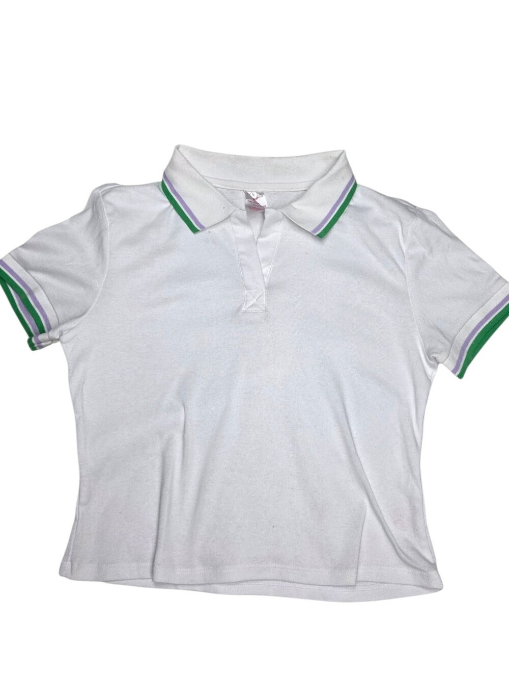 No Boundaries White Crop Polo with Green and Purple Trim